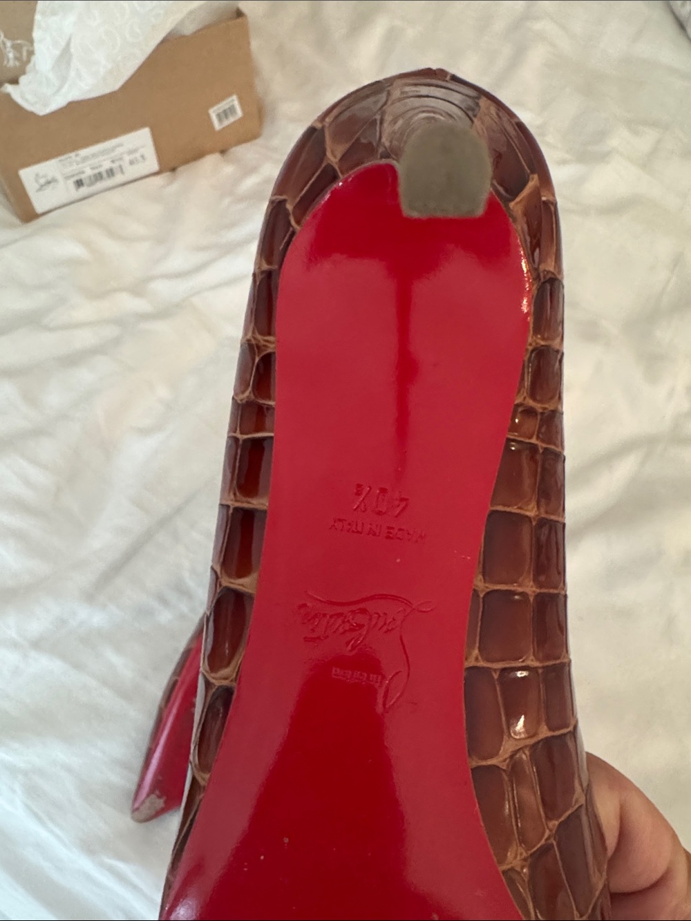 Christian Louboutin Brown Croc-Embossed Patent Leather Pumps - Picture 6 of 8